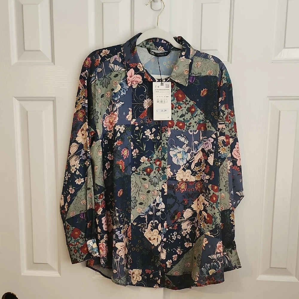 Zara NWT Floral Patchwork Blouse - Blue and Green Size XXL - Picture 2 of 4